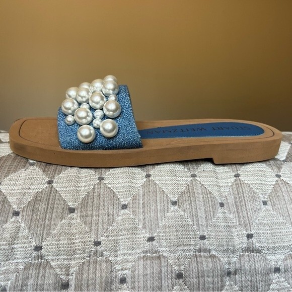 Stuart Weitzman Blue Denim Slide Flat Slip On Sandal Shoes w/ Pearls Women 5 B - Picture 3 of 14